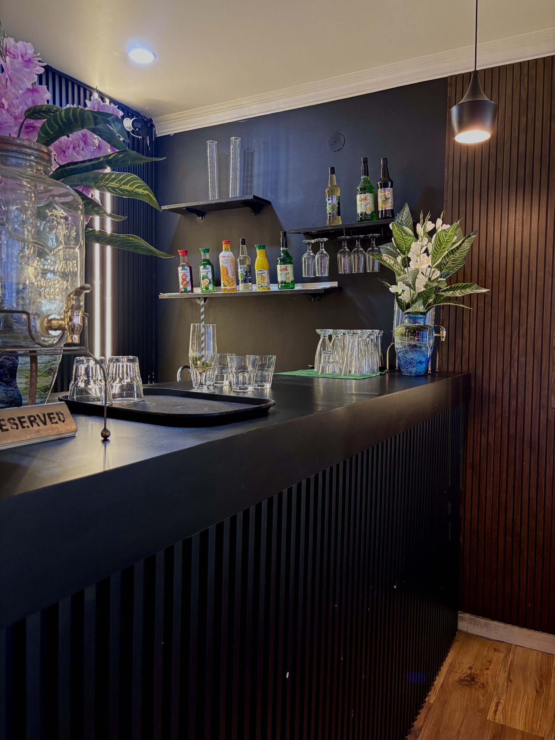 Warm seating and ambient lighting inside the café